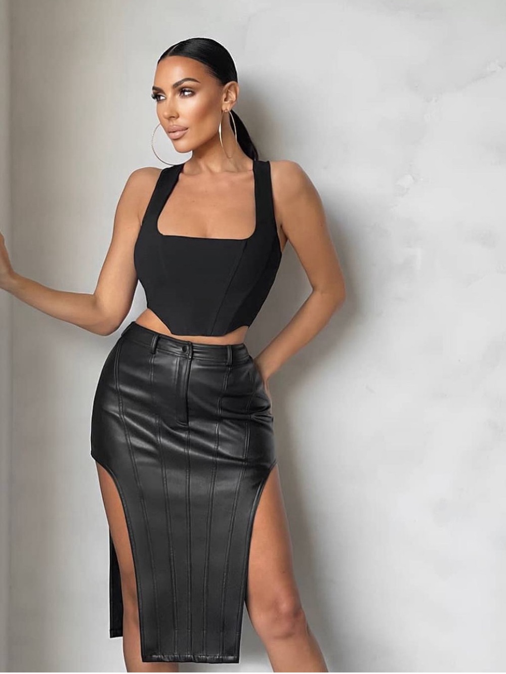 Blithe LA Double Side Split Faux Leather Black Pleated Zip Edgy Midi Skirt M